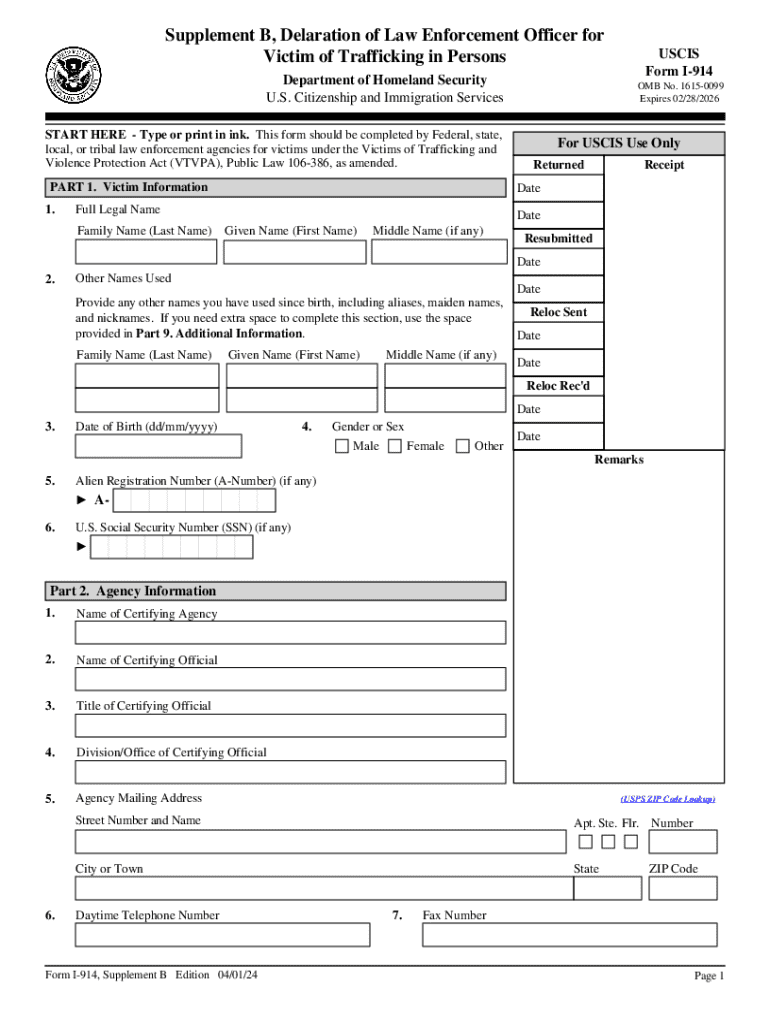  Form I 914B, Instructions for Supplement B, Declaration of 2024