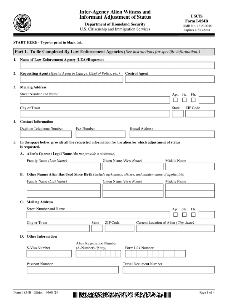  Form I 854B, Inter Agency Alien Witness and Informant 2024