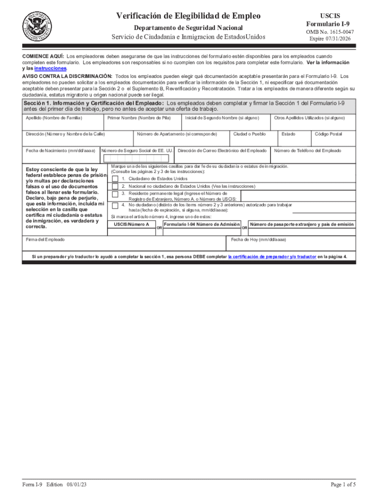  Formulario I 9 Verificacion De Elegibilidad De Empleo Formulario I 9 2023-2024