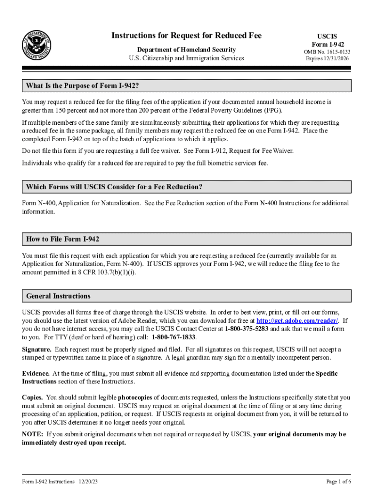  Form I 942, Instructions for Request for Reduced Fee Instructions for Request for Reduced Fee 2023-2024