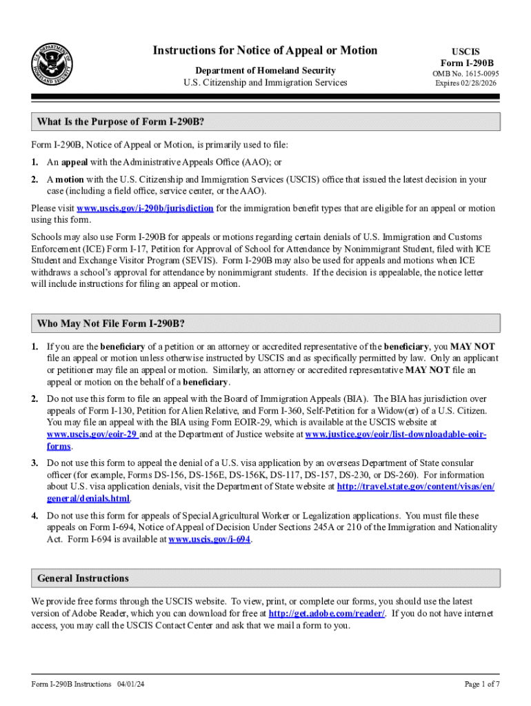  Form I 290B, Instructions for Notice of Appeal or Motion Instructions for Notice of Appeal or Motion 2024