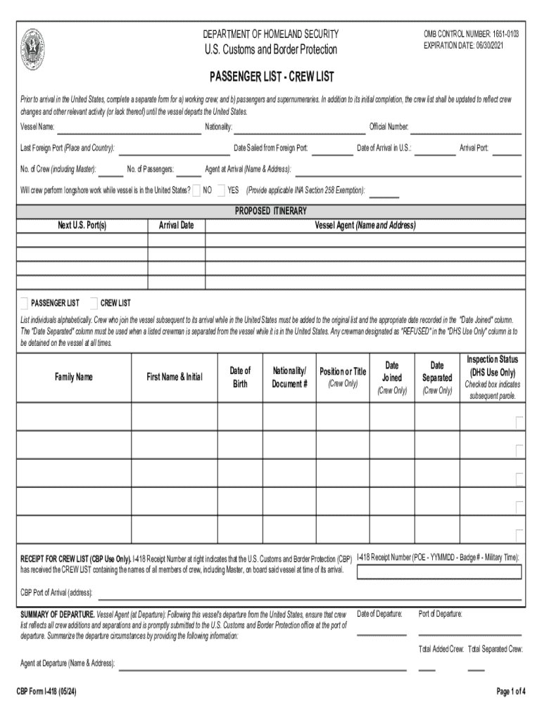  CBP Form I 418 Passenger List Crew List 2024