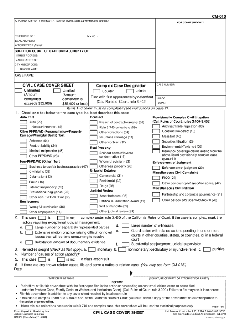  CM 010 CIVIL CASE COVER SHEET 2024