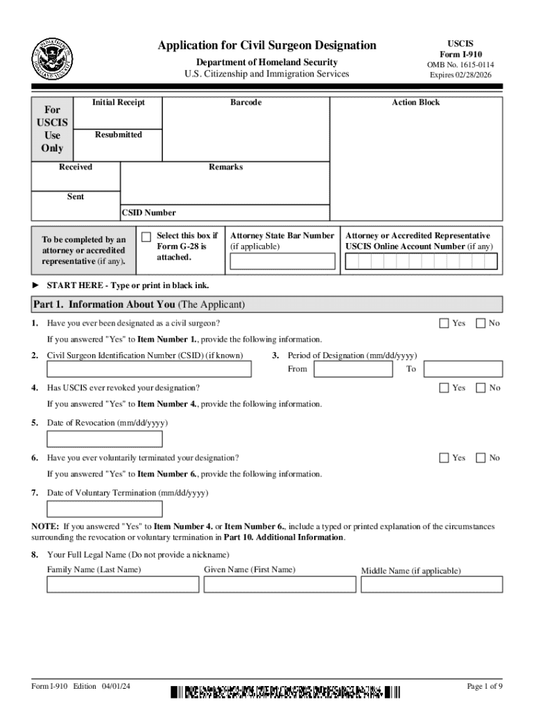 Form I 910, Application for Civil Surgeon Designation and