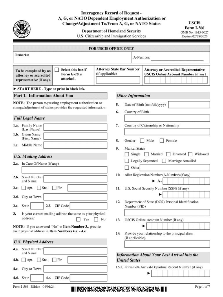 Revision of Form I 566, Interagency Record of Request A, G