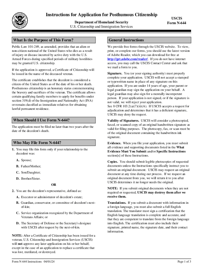  Form N 644, Instructions for Application for Posthumous Citizenship 2024