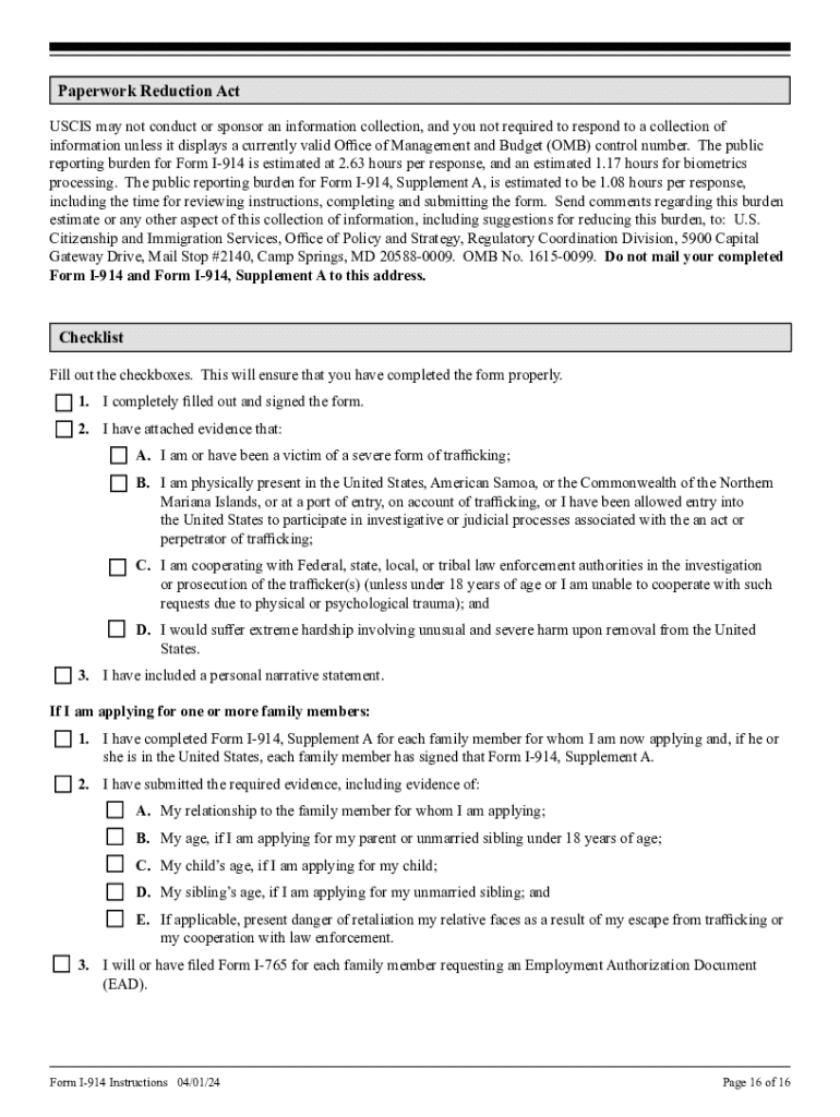 Form I 914, Instructions for Application for T Nonimmigrant Status