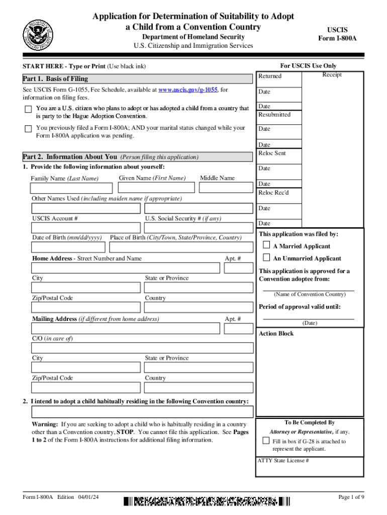 Form I 800A, Application for Determination of Suitability to Adopt