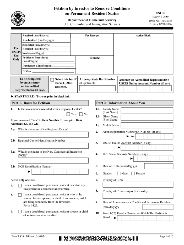 Form I 829, Petition by Investor to Remove Conditionson Permanent Resident Status