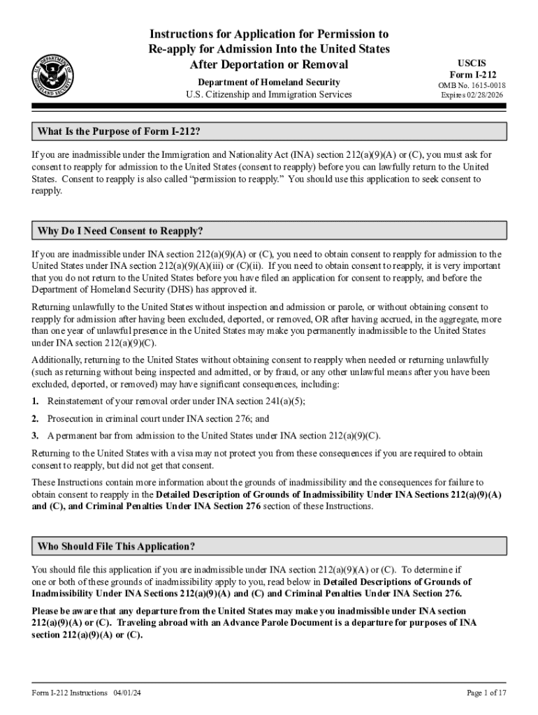 Form I 212, Instructions for Application for Permission to Re Apply for Admission into the United States After Deportation or Re