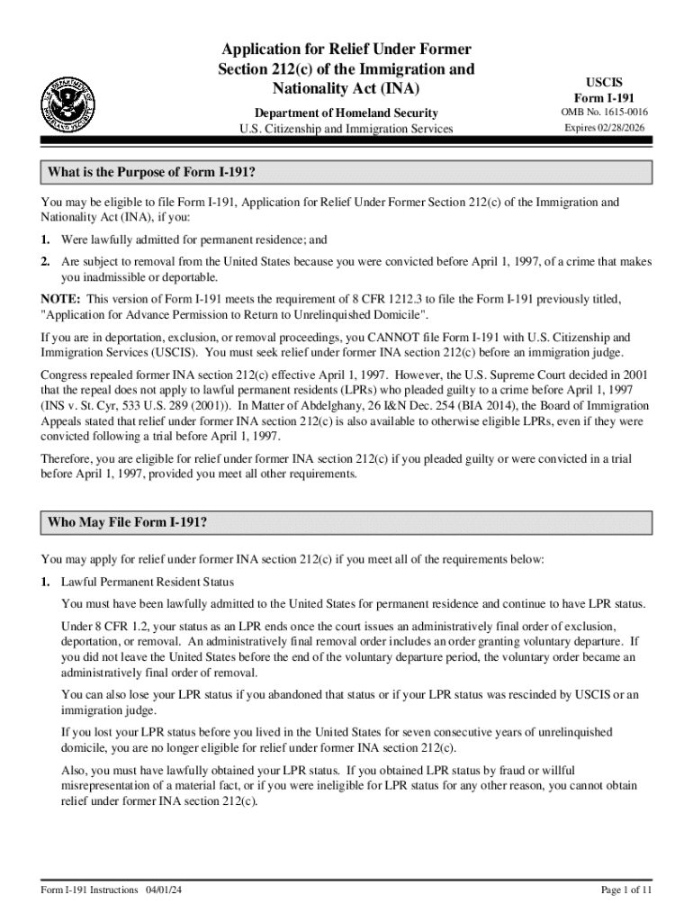 Form I 191 Application for Relief under Former Section 212