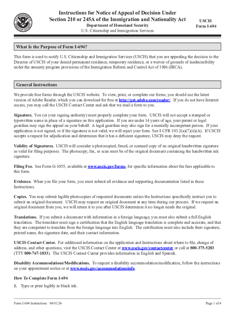 Immigration Form I 694 Notice of Appeal of Decision