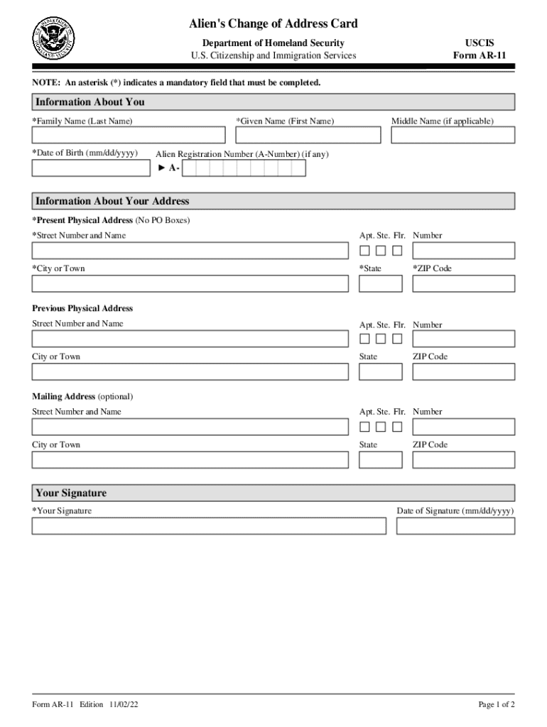 Form AR 11, Alien&#039;s Change of Address Card Form AR 11, Alien&#039;s Change of Address Card