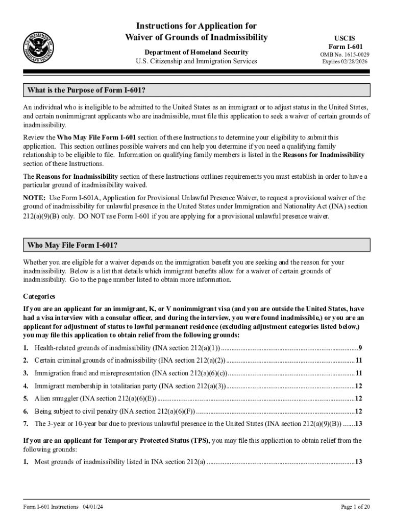 Form I 601, Instructions for Application for Waiver of Grounds of Inadmissibility Form I 601, Instructions for Application for W