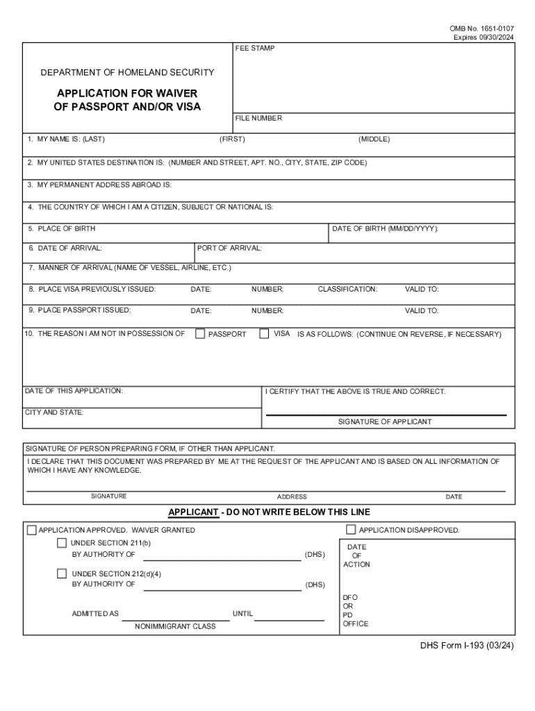 Application for Waiver of Passport Andor Visa DHS Form