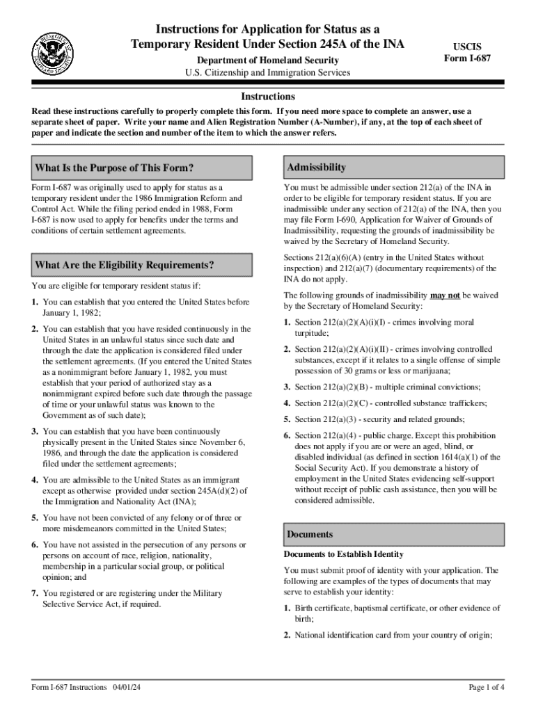 Instructions for I 687, Application for Status as a Temporary  Form