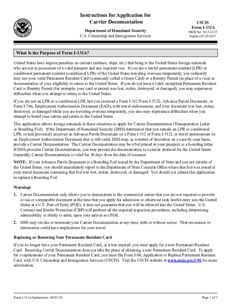 Form I 131A, Instructions for Application for Carrier Documentation