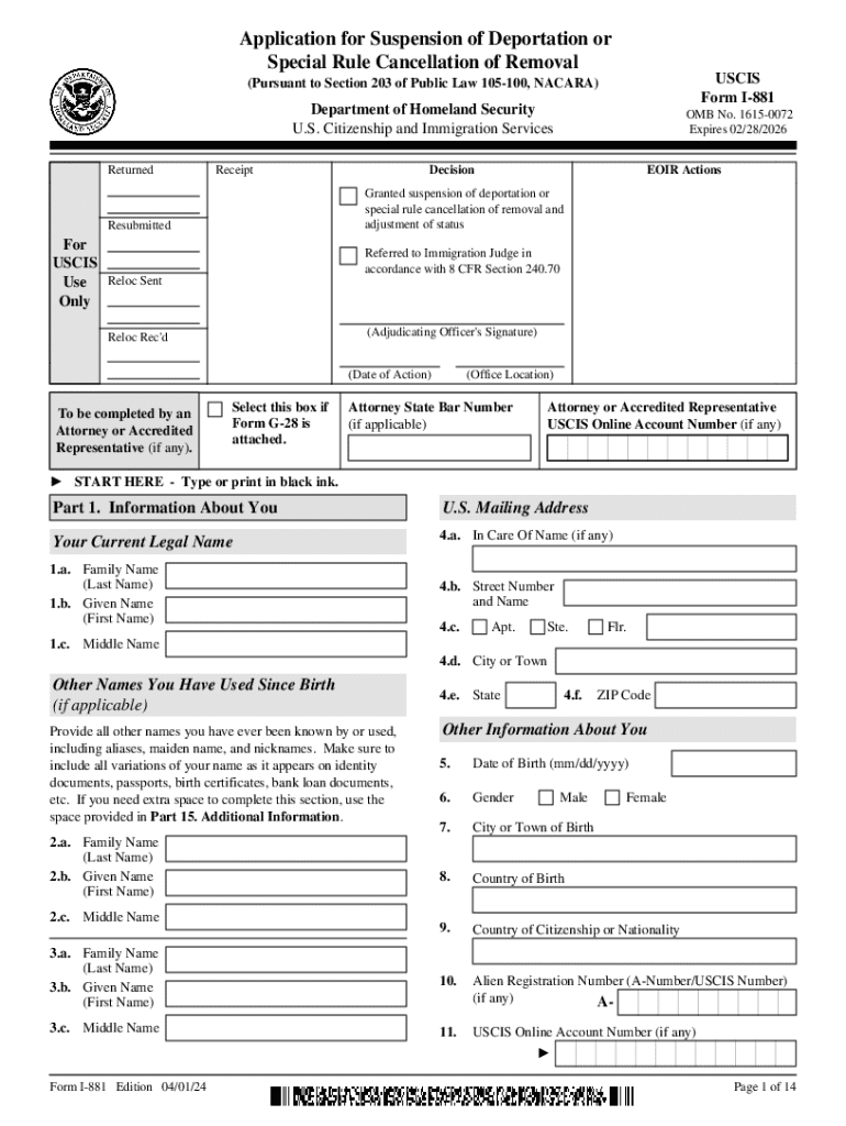 Form I 881, Application for Suspension of Deportation or Special Rule Cancellation of Removal Pursuant to Section 203 of Public 