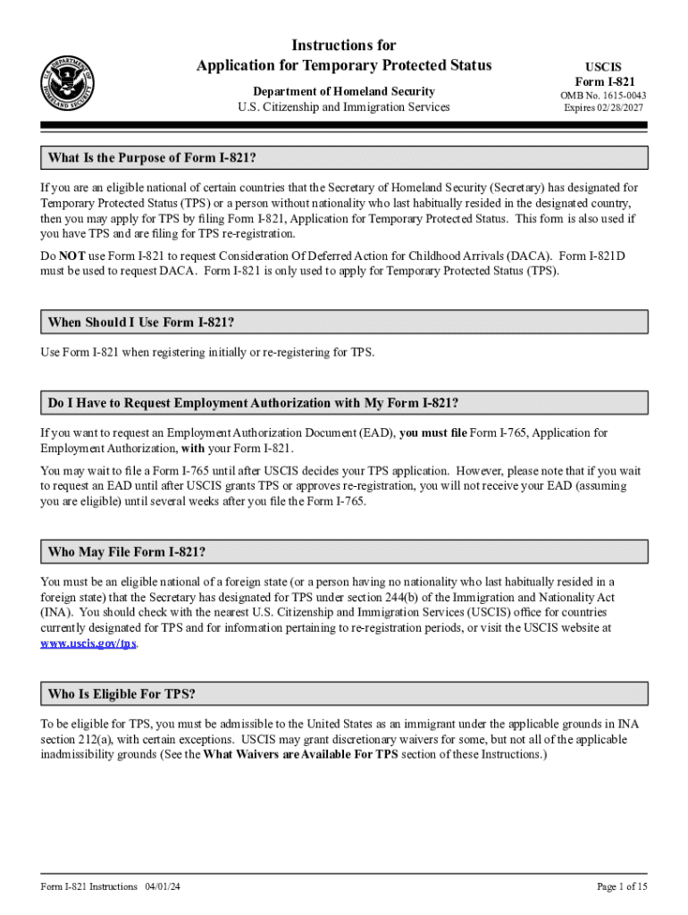 Form I 821, Instructions for Application for Temporary Protected Status