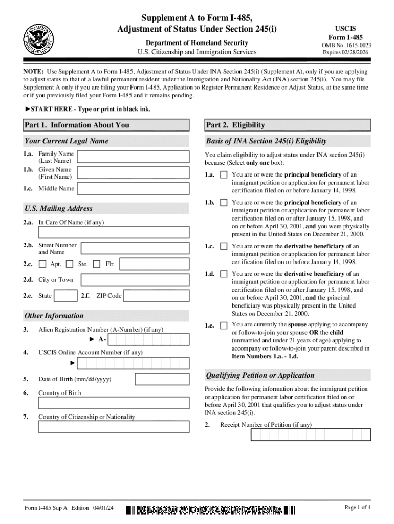 Supplement a to Form I 485 Adjustment of Status to