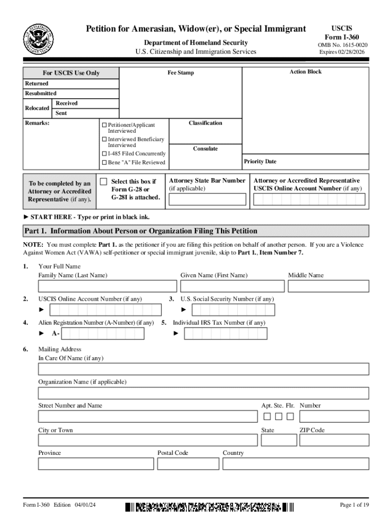 Form I 360 Petition for Amerasian, Widower, or Special