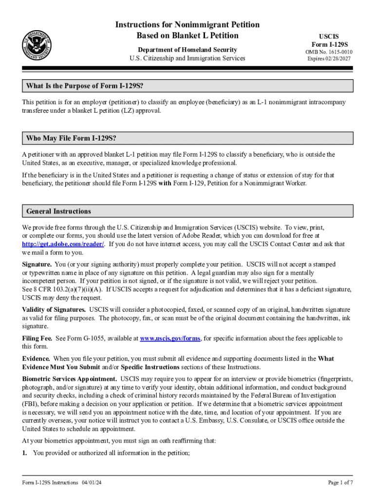  Form I 129S, Instructions for Nonimmigrant Petition Based on Blanket L Petition 2013