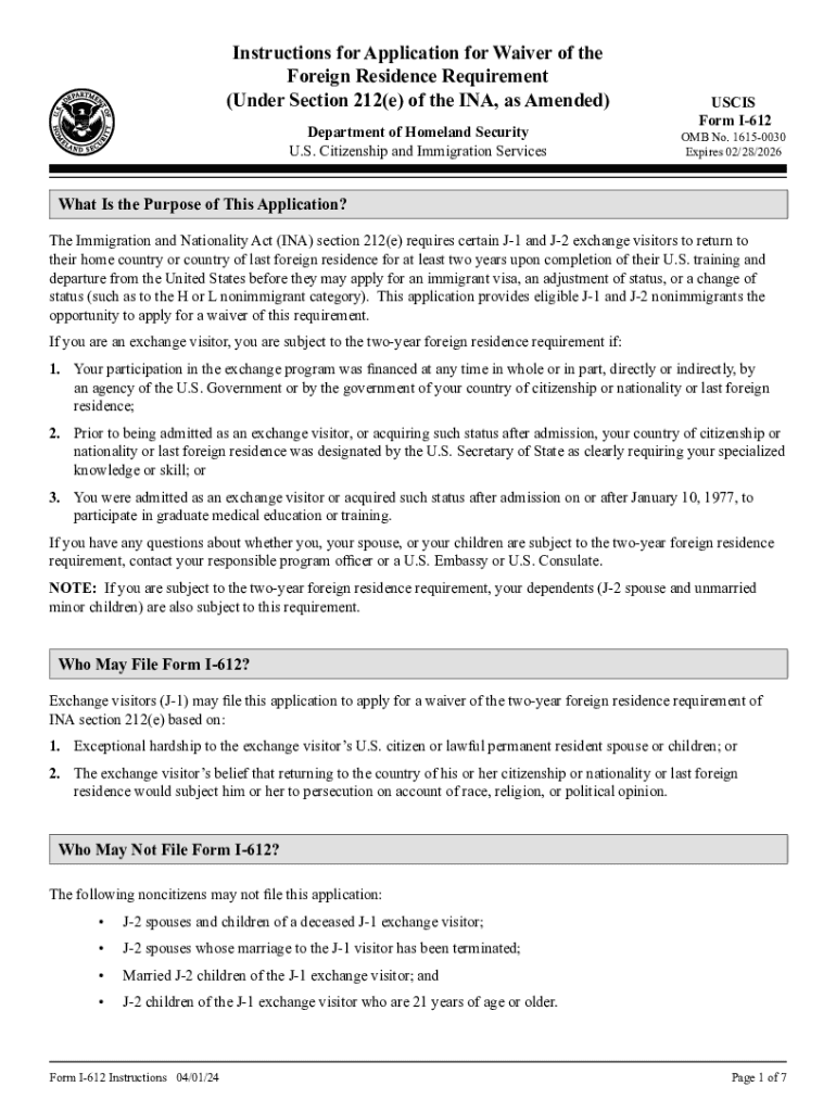  Form I 612, Instructions for Application for Waiver of the 2024