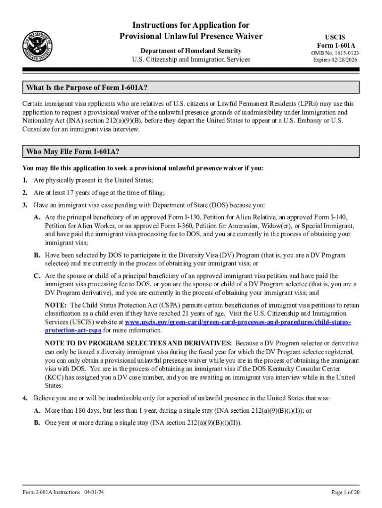  Form I 601A Instructions for Application for Provisional Unlawful Presence Waiver Instructions for Application for Provisional U 2024