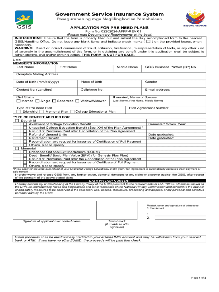  GSIS Pre Need Plans Application Form 2024-2026