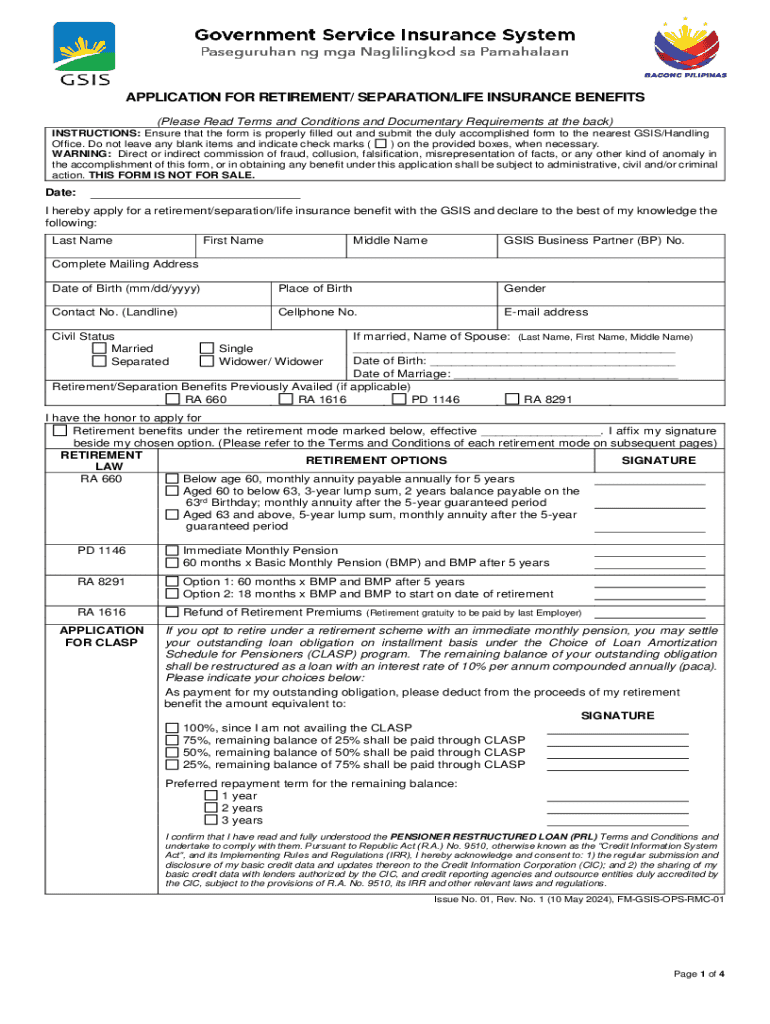 GSIS RetirementSeparationLife Insurance Benefits Application  Form