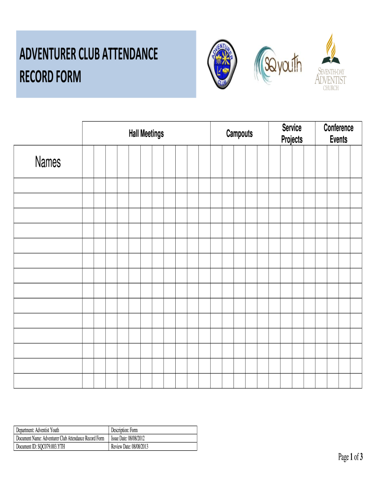 ADVENTURER CLUB ATTENDANCE RECORD FORM SQ Youth Sqyouth Org