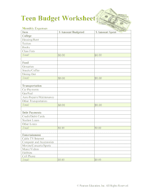 Teen Budget Worksheet  Form