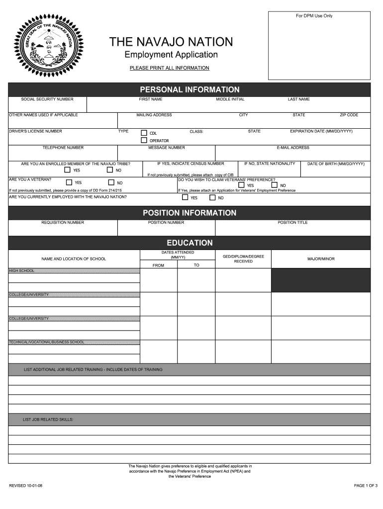 Navajo Nation Job Application  Form