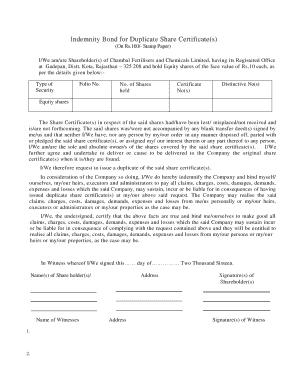 Indemnity Bond for Duplicate Share Certificates  Form