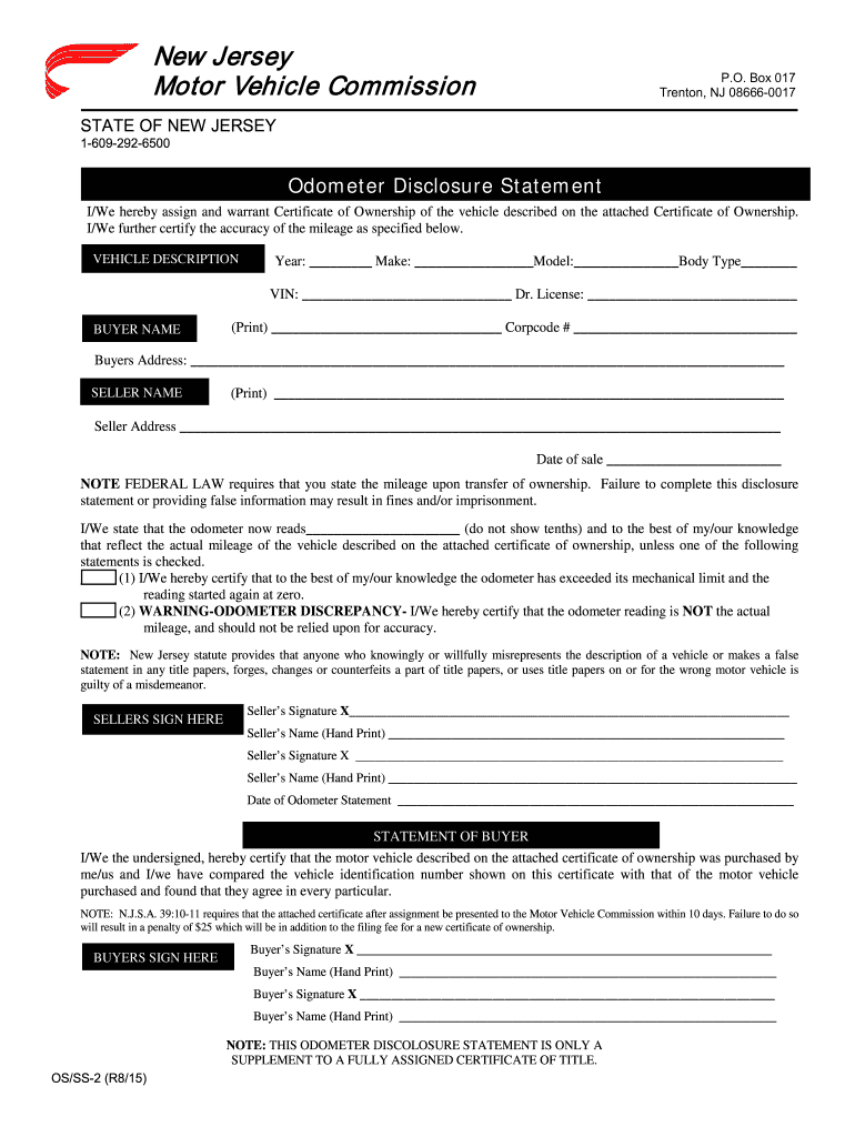  Nj Odometer Statement 2015-2024