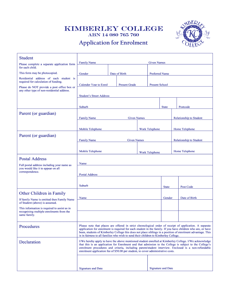 Application for Enrolment  Kimberley College  Kimberleycollege  Form
