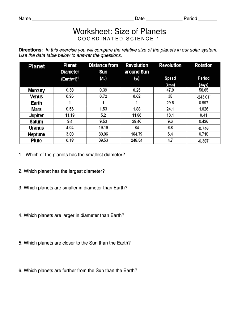 Worksheet Size of Planets Coordinated Science 1 Answers  Form