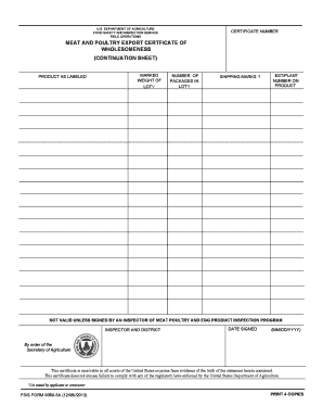 Meat and Poultry Export Certificate of Wholesomeness  Form