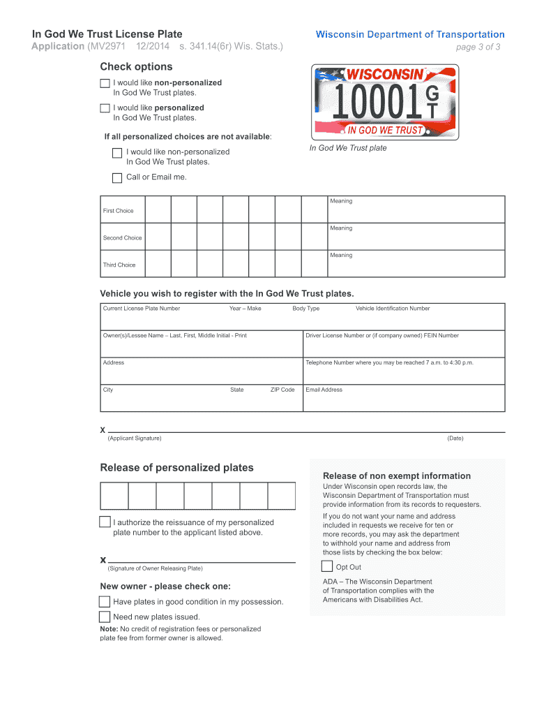  MV2971 in God We Trust License Plate Information and Application 2014