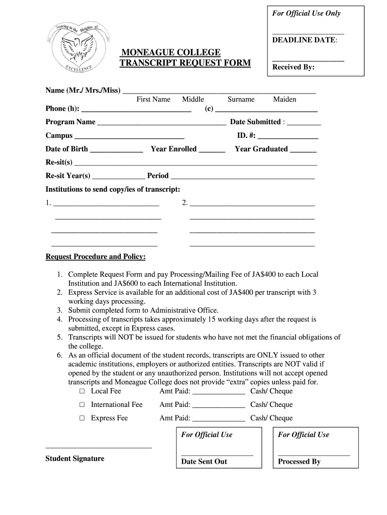 Moneague College Application Form