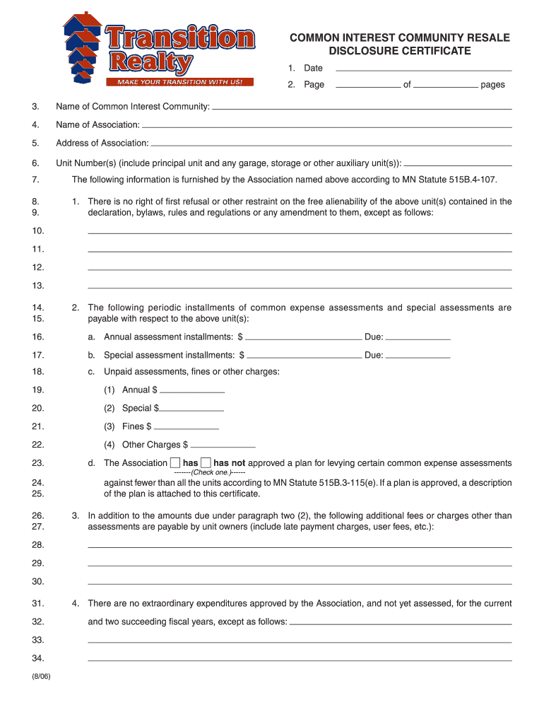 Common Interest Community Resale Disclosure    Steve Lehmeyer  Form