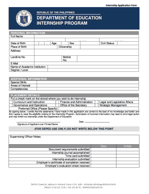 Enclosure No 1 Internship Application Form Department of Deped Gov