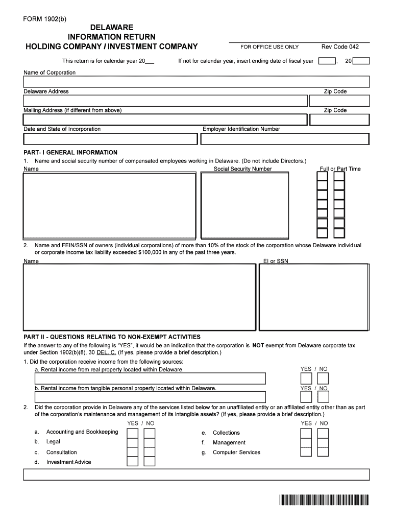  Delaware Information Return Holding Company I Investment Company Form 1902b Revenue Delaware 2013