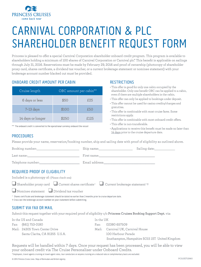 Carnival Shareholder Benefit  Form