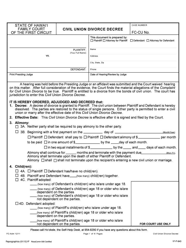  Civil Union Divorce Decree Courts State Hi 2012