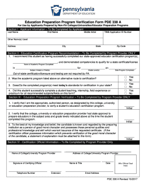  Education Preparation Program Verification Form PDE 338A 2014