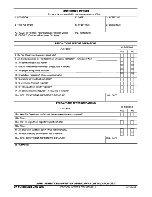 HOT WORK PERMIT DA FORM 5383, JAN Apd Army