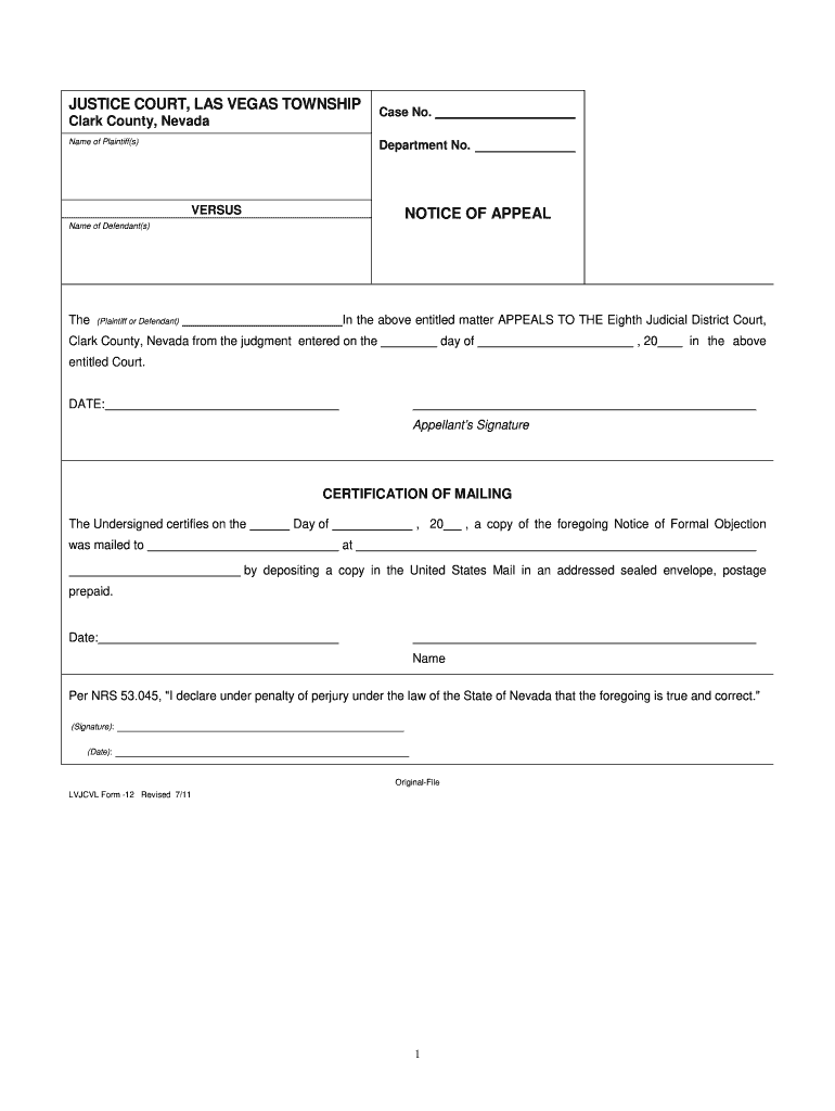 Notice of Appeal & Statement of Facts Las Vegas Justice Court  Form