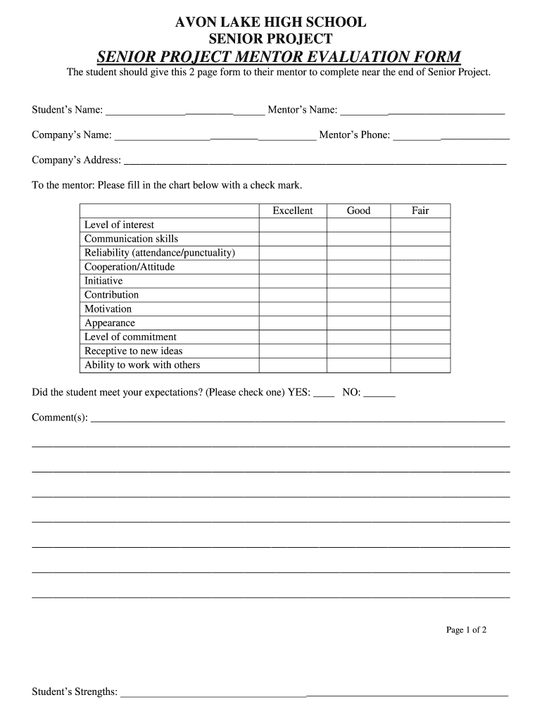 Senior Project Mentor Evaluation Form Avon Lake City Schools