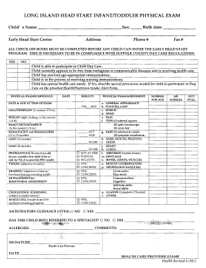 Head Start Physical Form